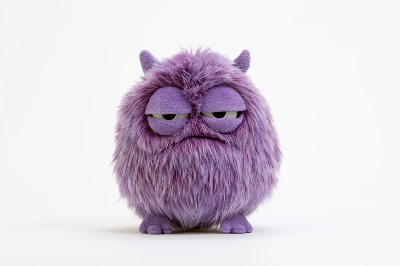 Small round fluffy purple monster toy standing upright with a grumpy expression on white background