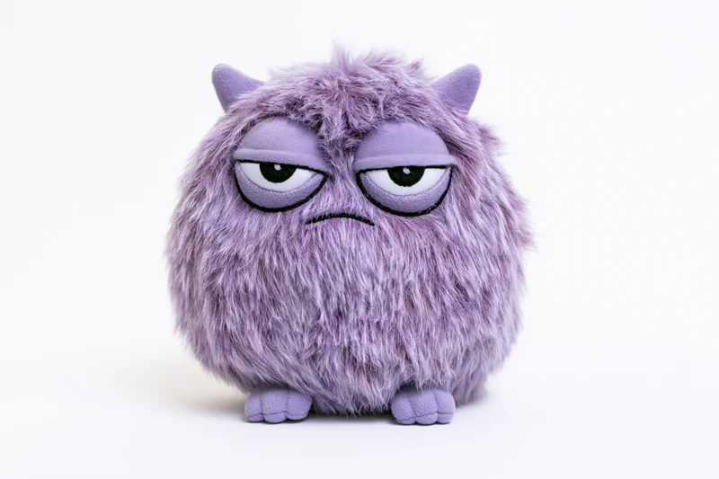 Round fluffy purple monster toy with angry expression standing upright on white background