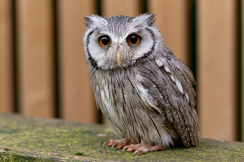 White-faced scops owl perched on mossy wooden surface in front of blurred wooden fence