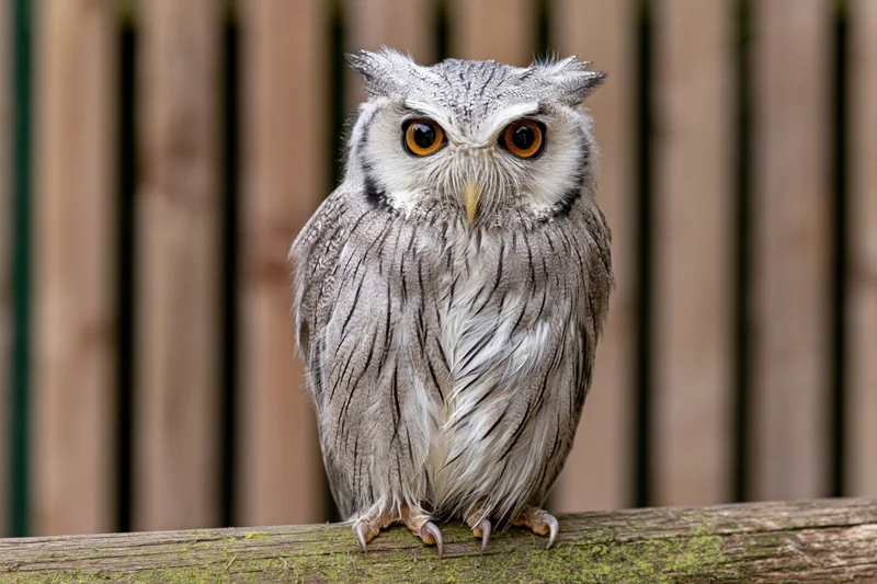 White-faced scops owl perched on mossy wooden surface facing forward