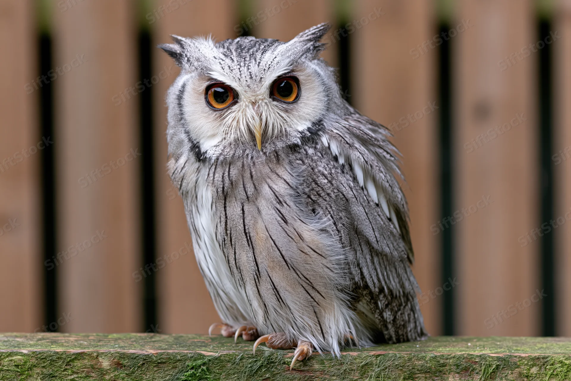 White-faced scops owl perched on mossy wooden surface in front of wooden fence