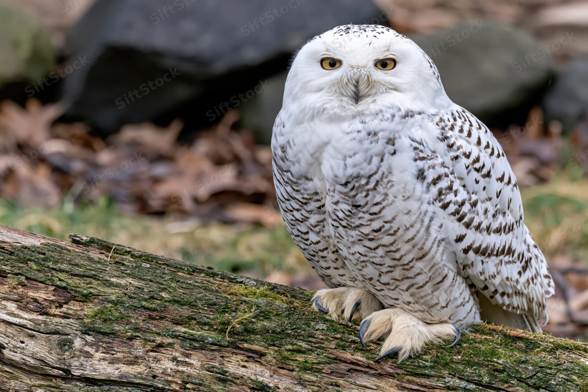 Snowy owl perched on mossy fallen log facing camera in forest setting