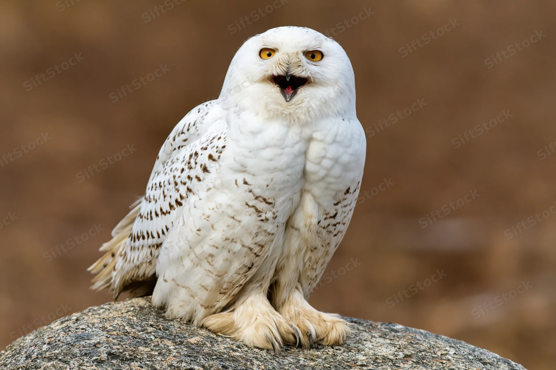 Snowy owl perched on a granite rock with beak open mid-call