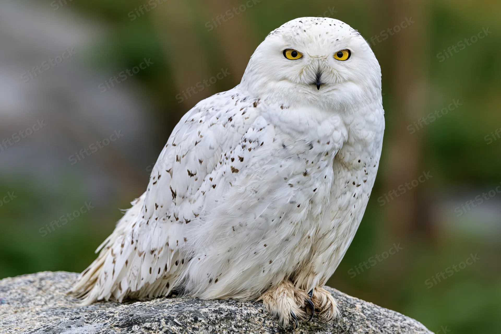 Snowy owl perched on granite rock facing camera