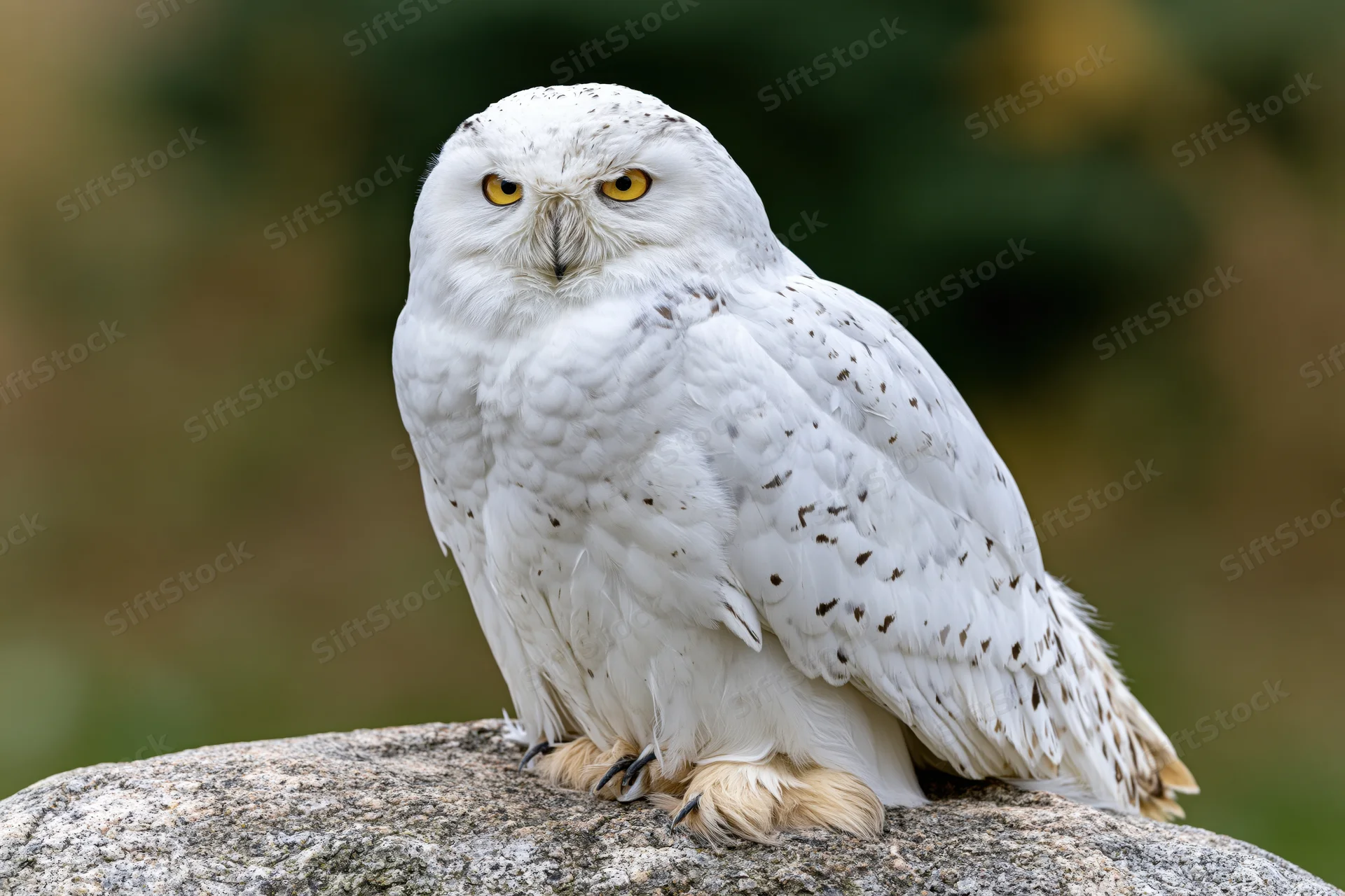 Snowy owl perched on a granite rock facing the camera
