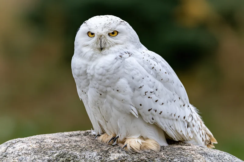 Snowy owl perched on a granite rock facing the camera