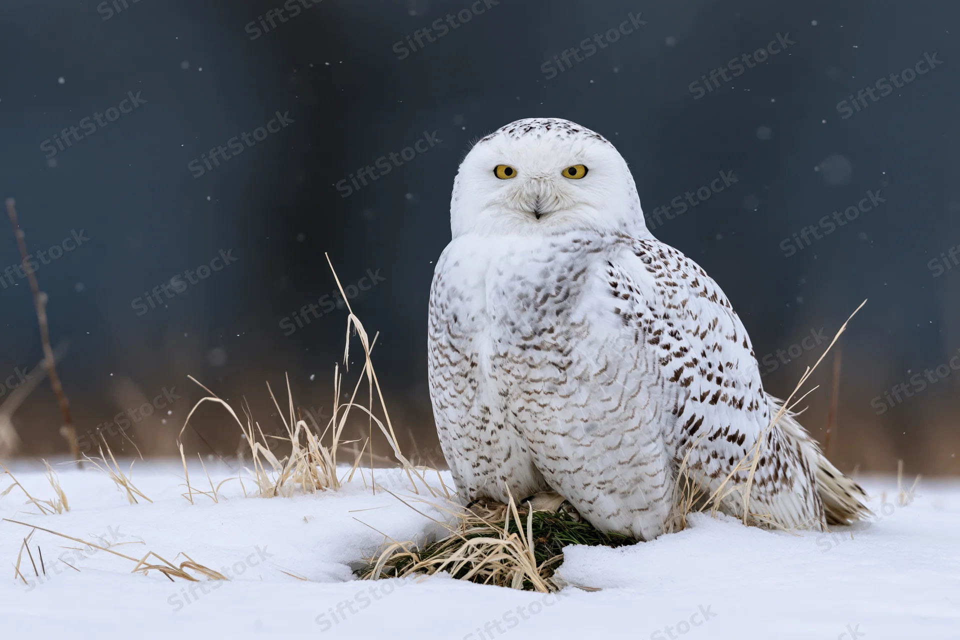 Snowy owl perched on snow-covered ground facing camera