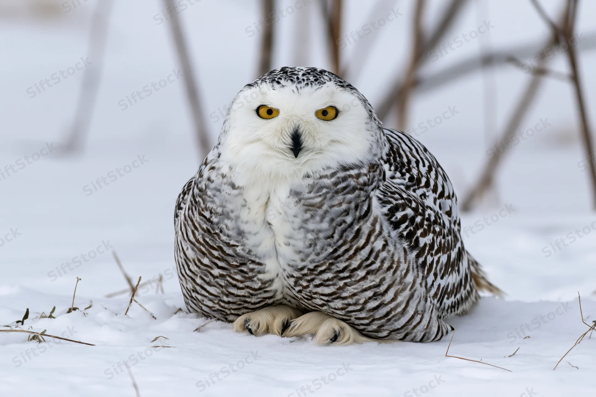 Snowy owl perched on snow-covered ground facing the camera with intense yellow eyes