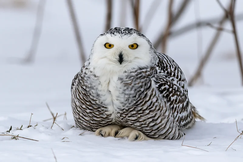 Snowy owl perched on snow-covered ground facing the camera with intense yellow eyes