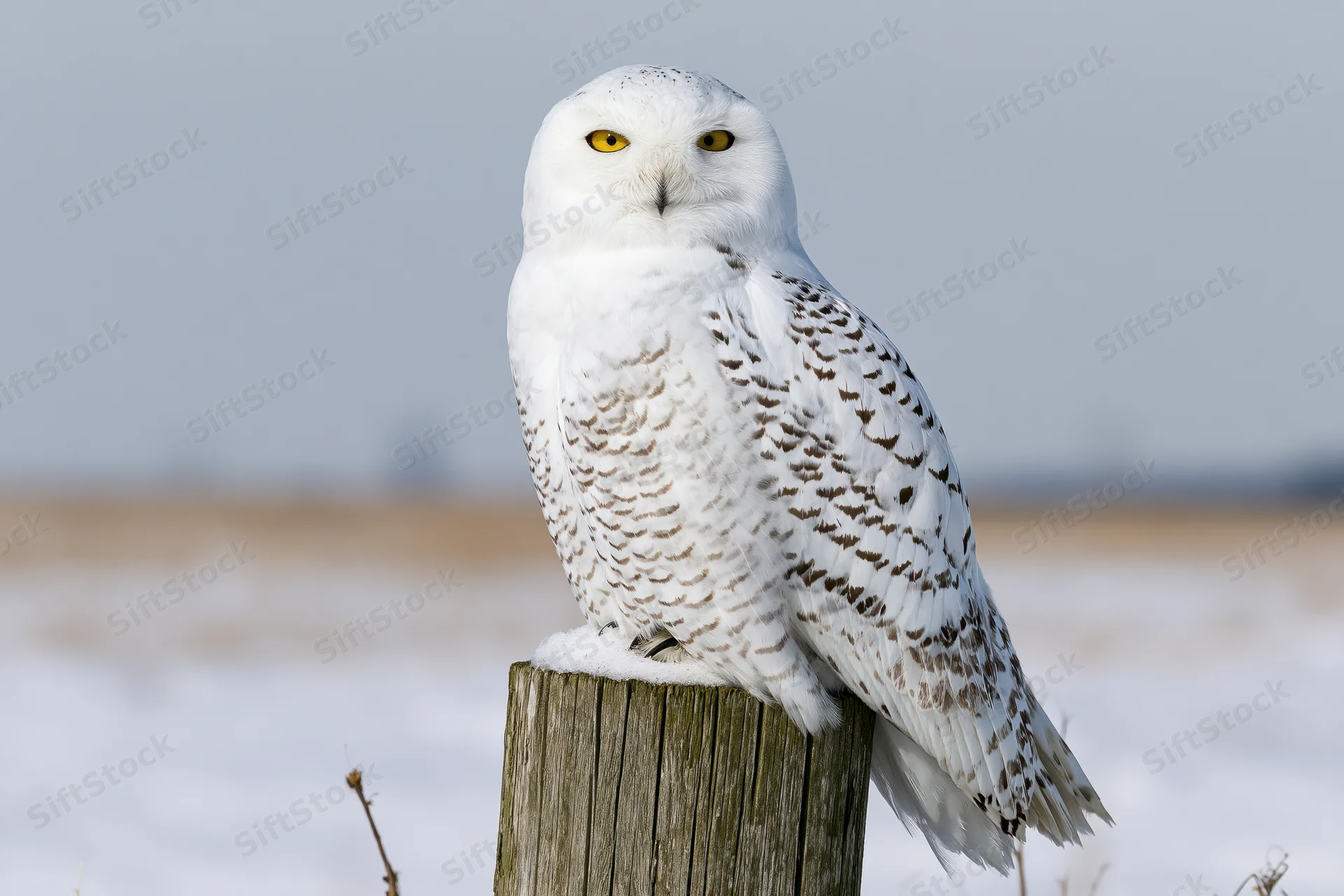 Snowy owl perched upright on a weathered wooden post in snowy field