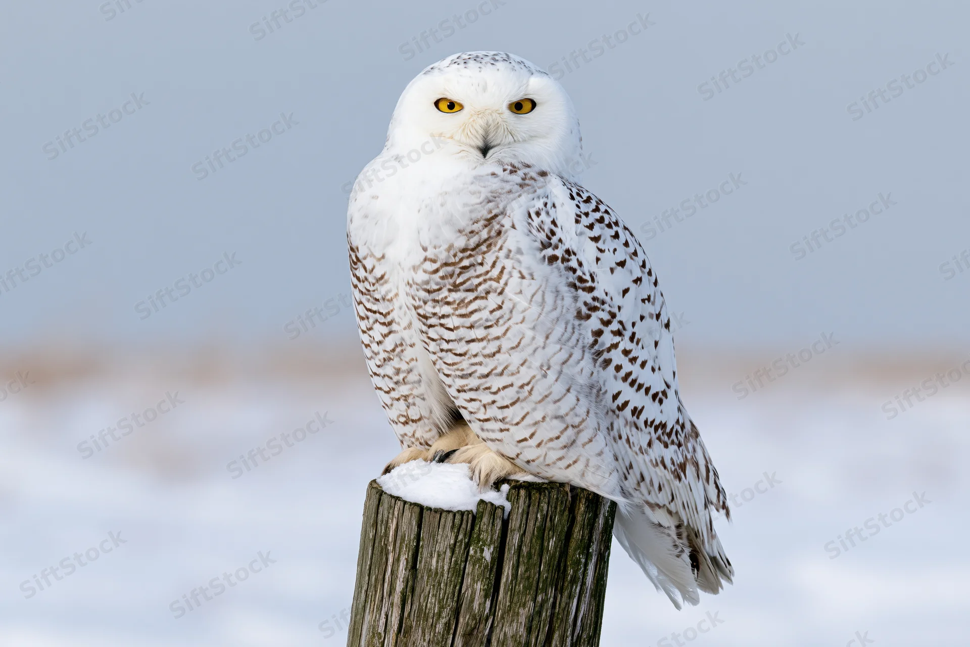 Snowy owl perched upright on a weathered wooden post in snowy landscape