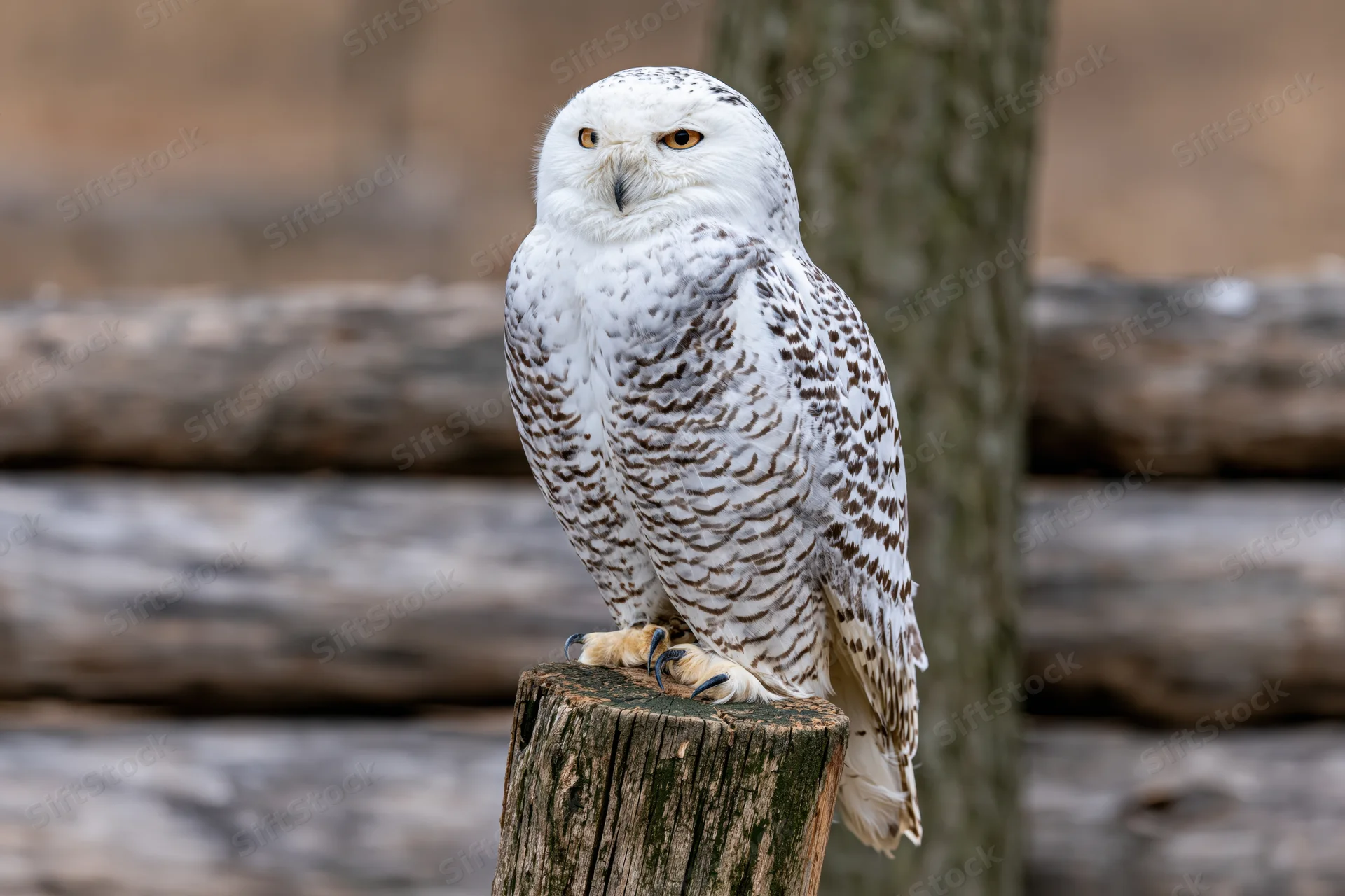 Snowy owl perched upright on a weathered wooden stump facing forward in a forest setting