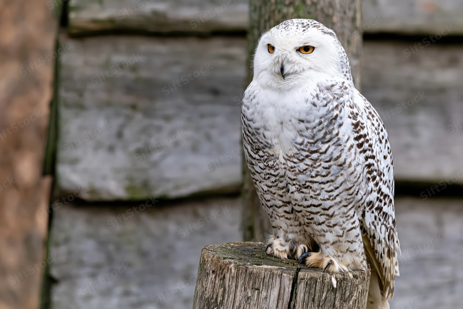 Snowy owl perched upright on a weathered wooden stump facing forward