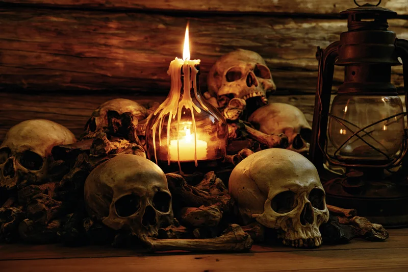 Human skulls and bones arranged with a lit candle and lantern on a wooden surface