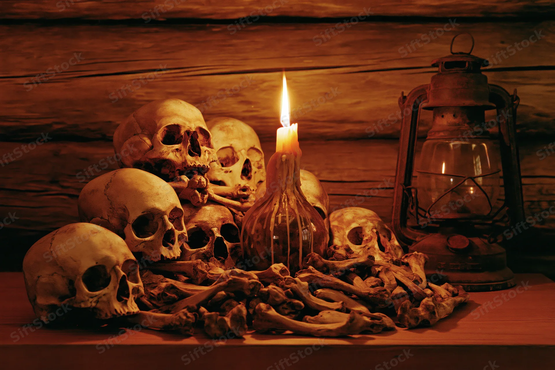 Human skulls and bones arranged on a wooden table with a lit candle and vintage lantern in dim warm light