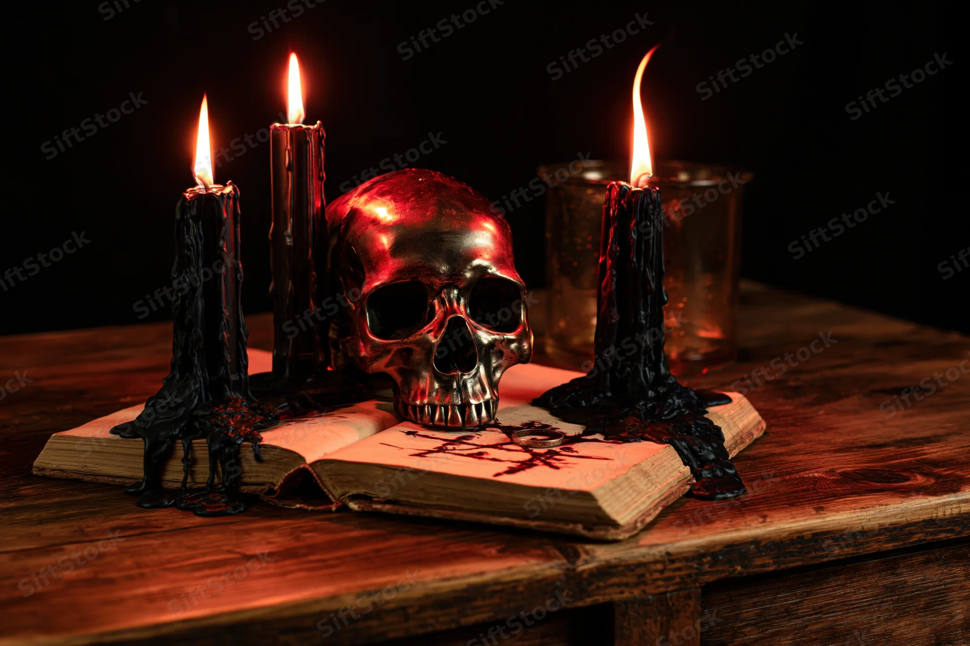 Metallic skull resting on open book with lit black candles on wooden table
