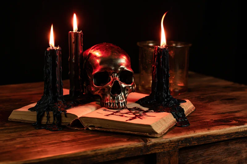 Metallic skull resting on open book with lit black candles on wooden table