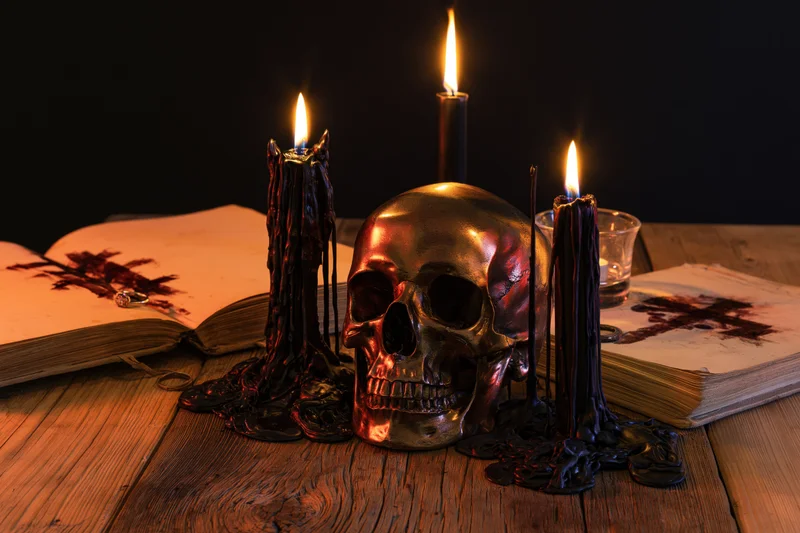 Metallic skull surrounded by lit black candles and open books with crosses on a wooden table