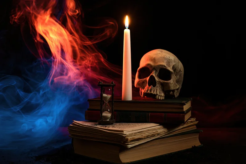 Skull resting on stacked old books beside a lit candle and hourglass with swirling red and blue smoke in dark setting