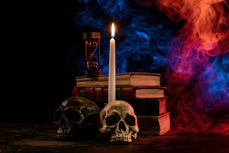 Stacked old books with skulls, lit candle and hourglass on dark surface amid red and blue smoke