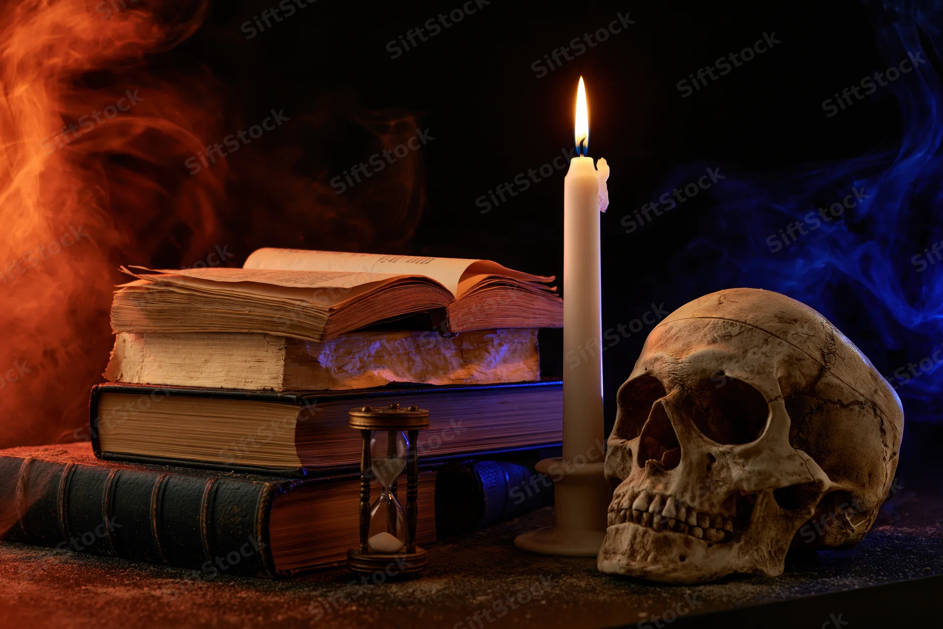 Skull and lit candle beside stacked old books with hourglass and smoke on dark table