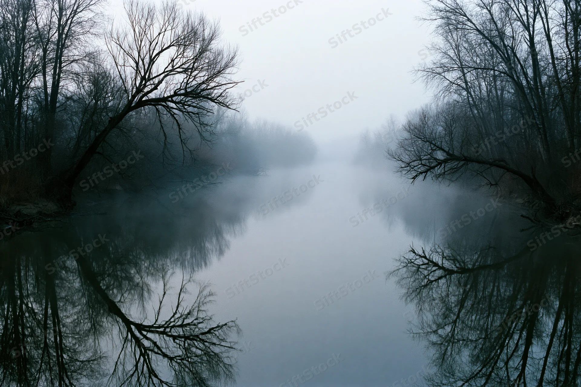 Still river at dawn shrouded in dense fog with bare winter trees reflected in calm water