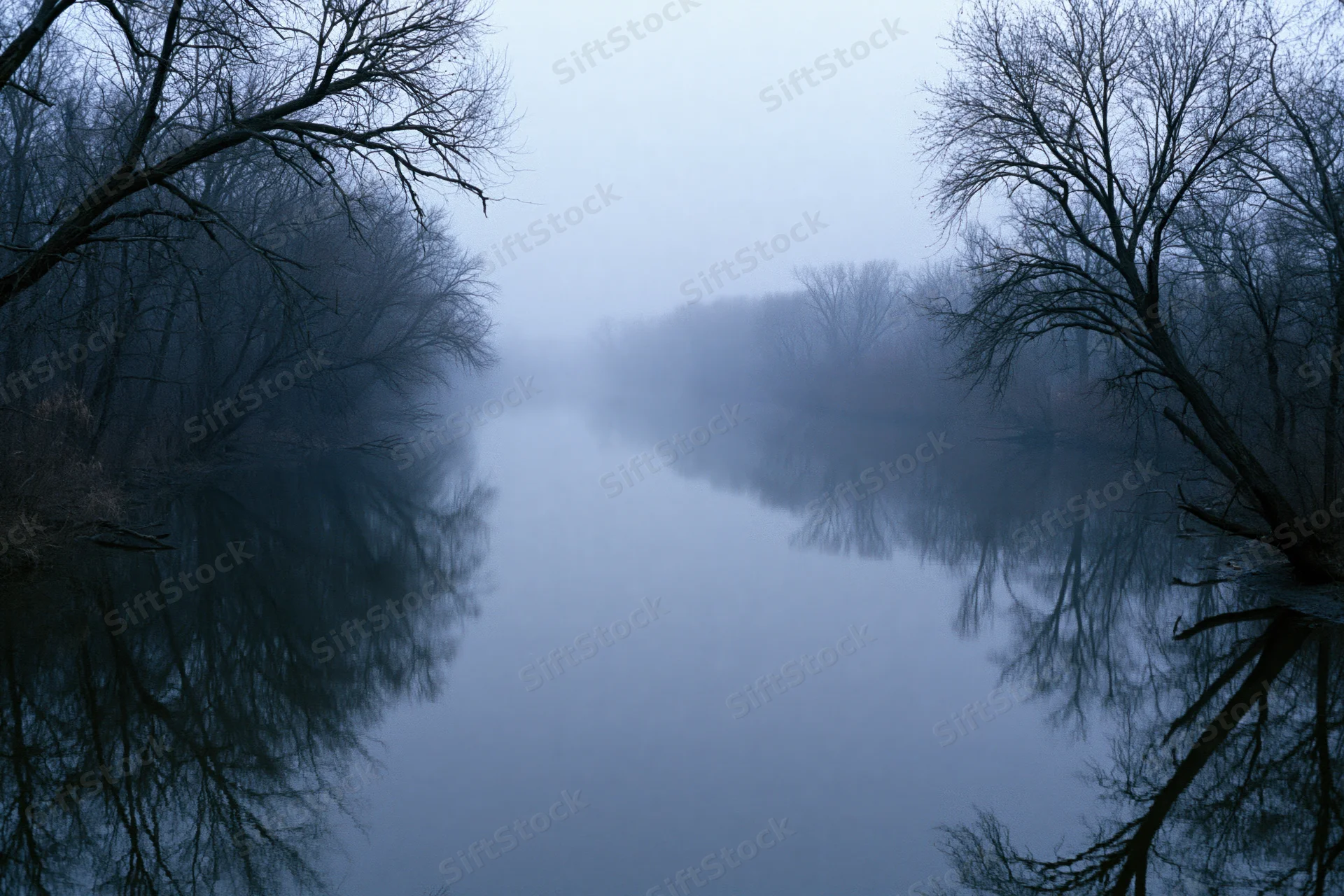 Still river reflecting bare winter trees in dense fog at dawn