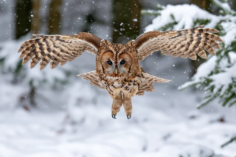 Tawny owl in mid-flight with wings spread wide over snowy forest floor