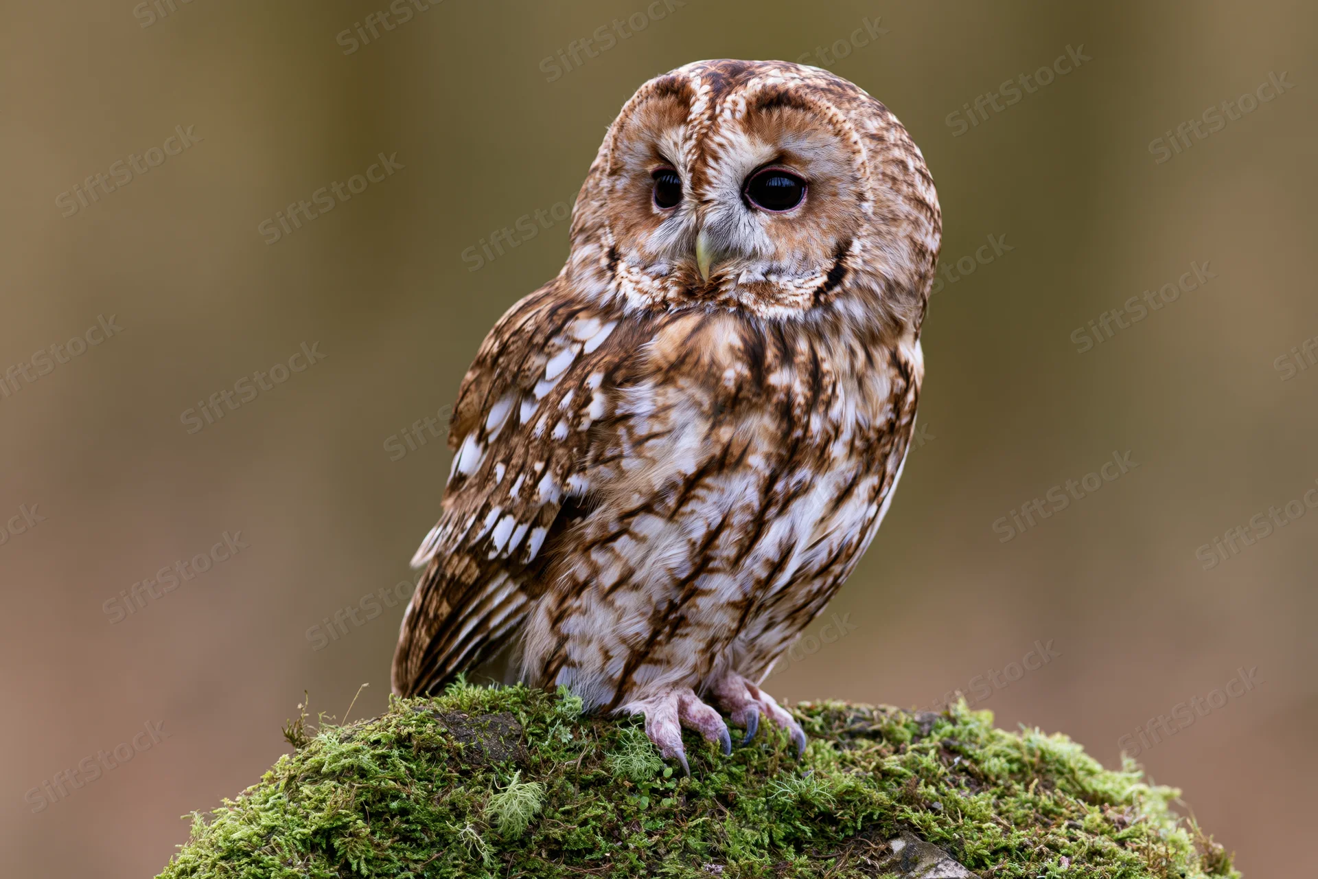Tawny owl perched upright on a moss-covered rock in a forest setting