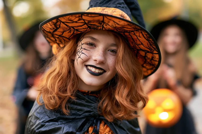 Teenage girl in witch costume smiling with face paint and hat outdoors in autumn park