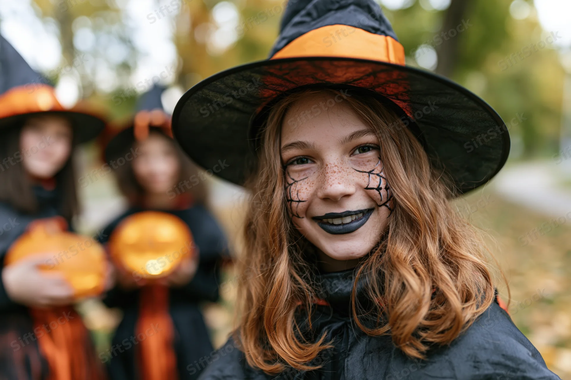 Smiling girl in witch costume with face paint and hat outdoors during halloween celebration