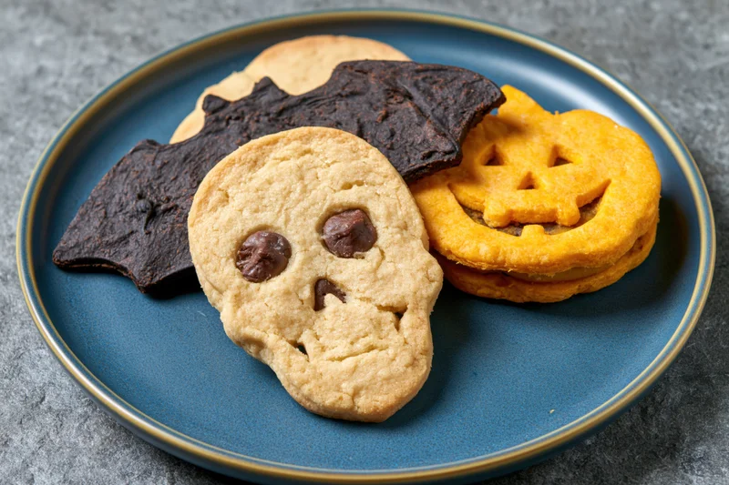 Halloween-themed shortbread cookies shaped as skull, pumpkin, and bat arranged on a blue plate