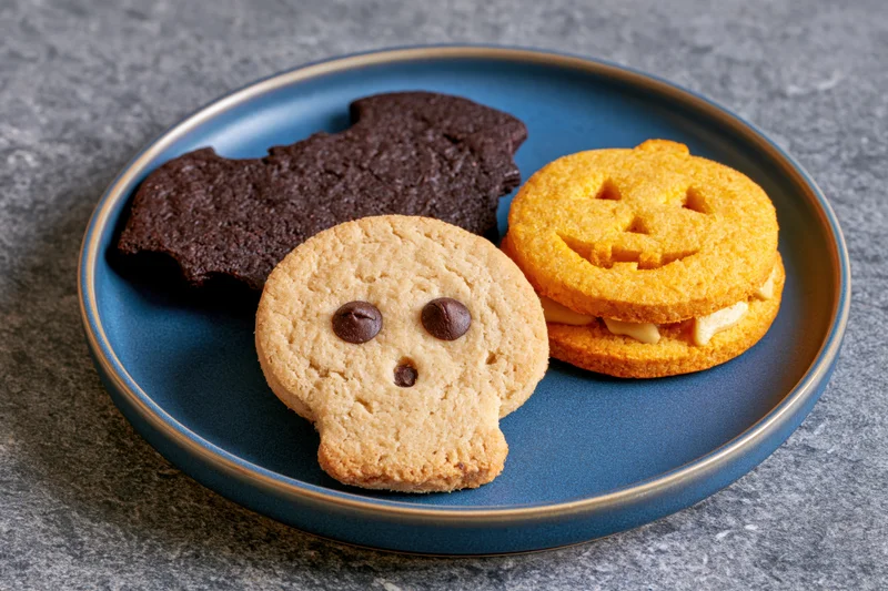 Three halloween-shaped shortbread cookies arranged on a blue plate with chocolate bat, ghost, and pumpkin designs on a gray surface