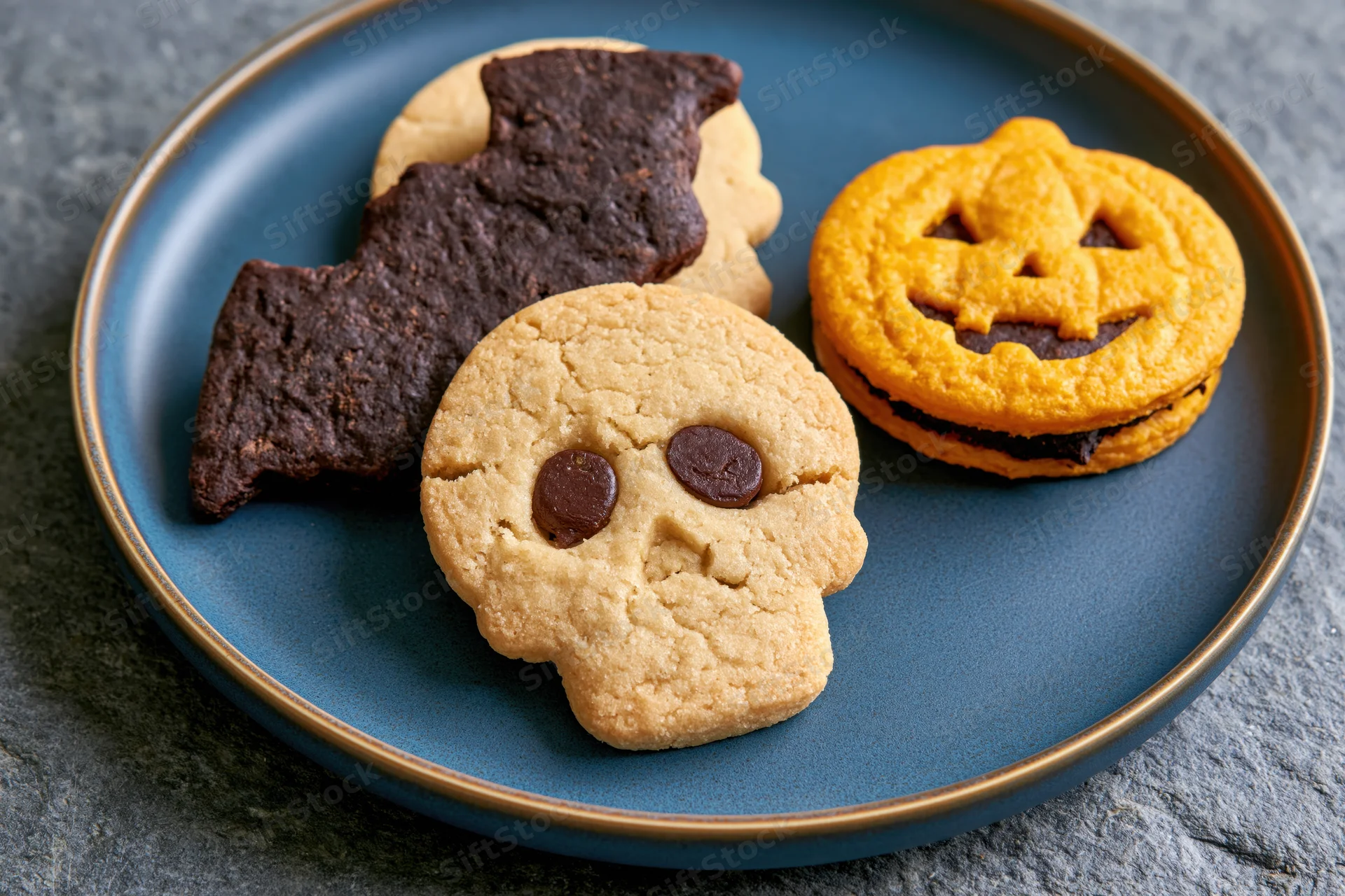 Three halloween-shaped shortbread cookies arranged on a blue matte plate