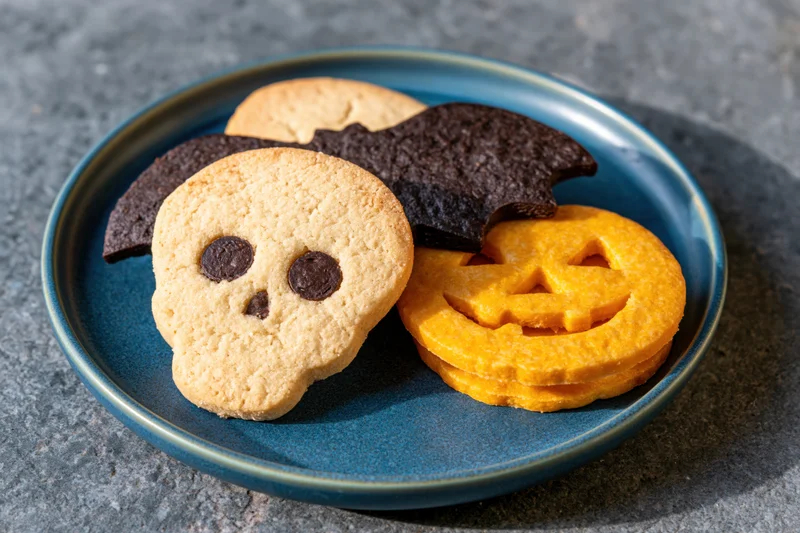 Halloween-themed shortbread cookies shaped as skull, pumpkin, and bat arranged on a blue matte plate