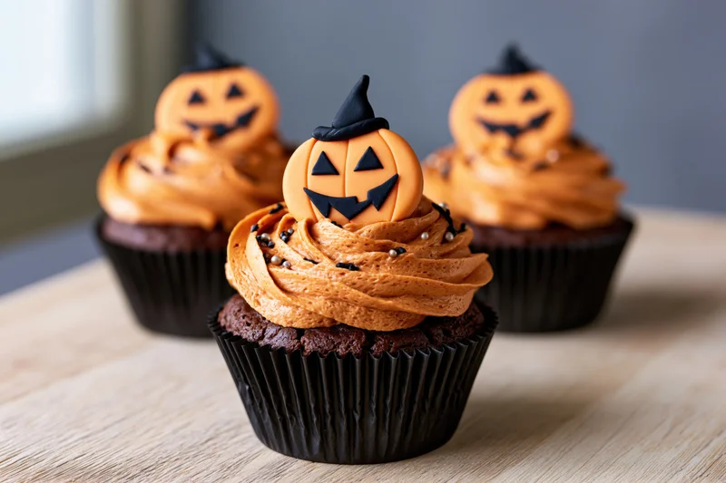 Three halloween-themed chocolate cupcakes with swirled orange frosting and jack-o-lantern toppers on a wooden table