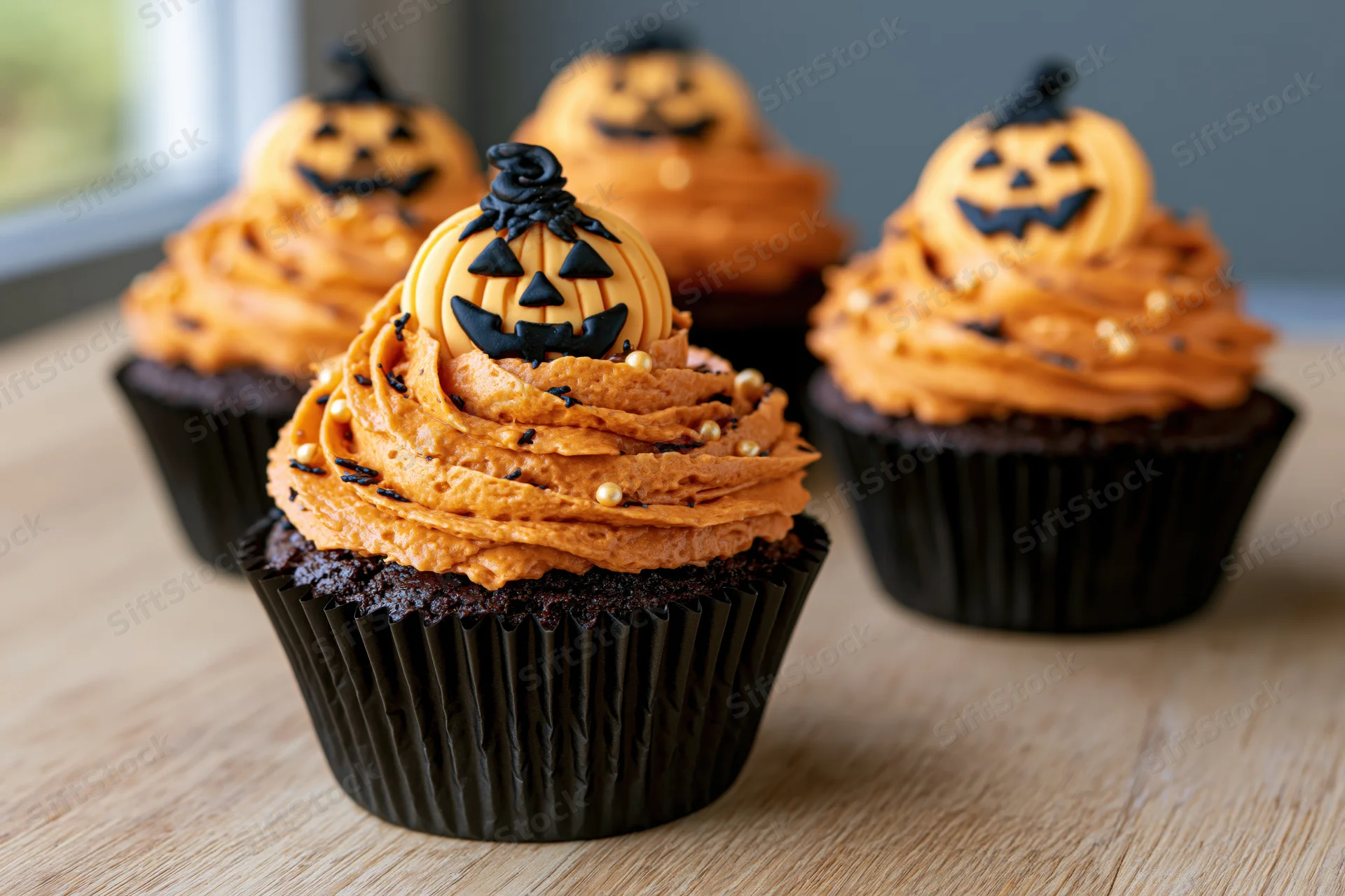 Chocolate cupcakes with orange frosting and jack-o-lantern decorations on a wooden table