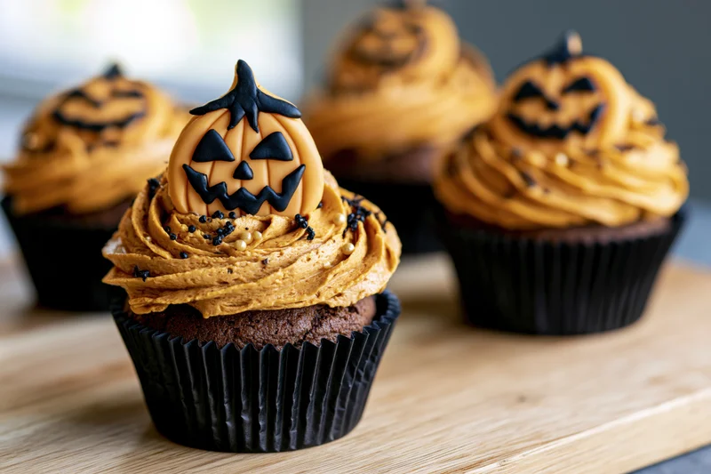 Chocolate cupcakes with orange frosting and jack-o-lantern decorations on a wooden board