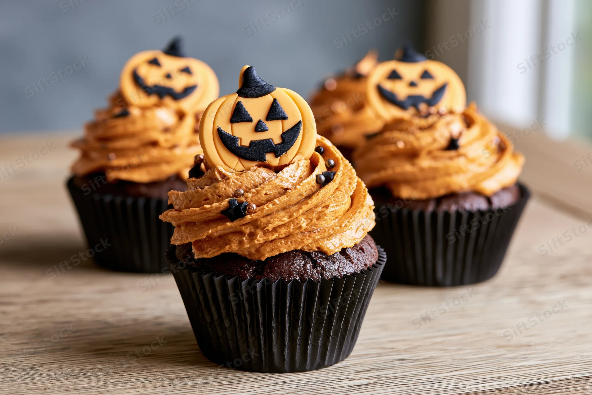 Three halloween-themed chocolate cupcakes with swirled orange frosting and jack-o-lantern decorations on a wooden table