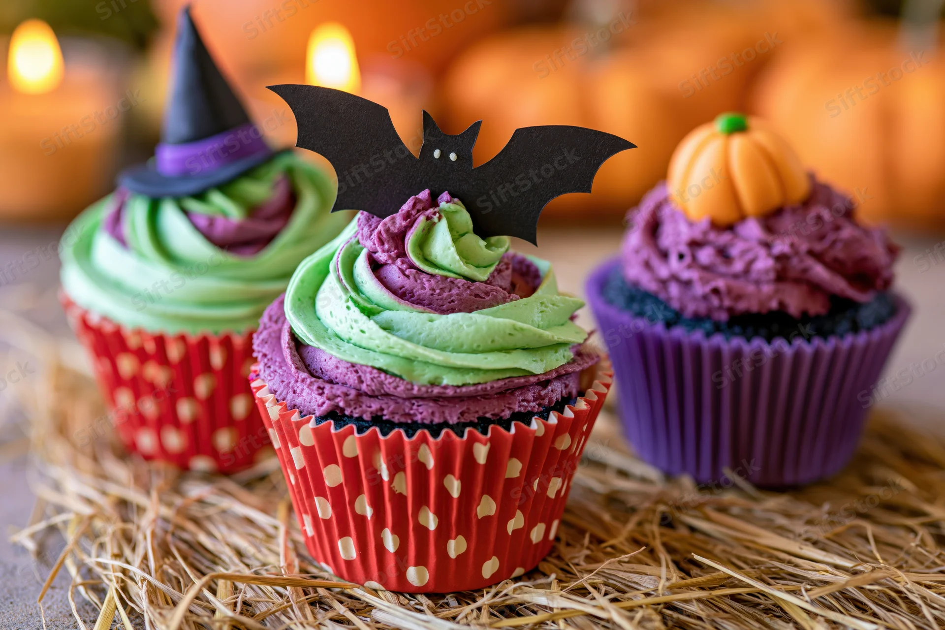 Three halloween-themed cupcakes with colorful frosting and decorations on straw surface