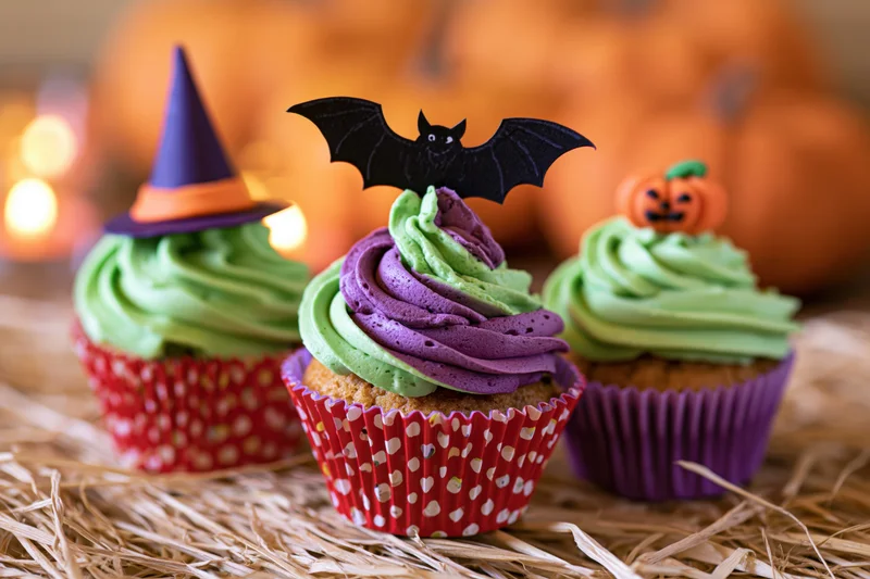 Three halloween-themed cupcakes with witch hat, bat, and pumpkin toppers on straw surface