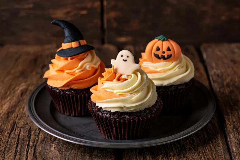 Three halloween chocolate cupcakes with orange and white frosting and witch hat ghost and pumpkin decorations on a black plate on wooden surface