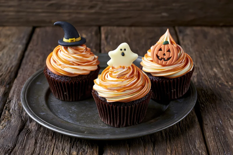 Three halloween chocolate cupcakes with orange and white frosting and spooky toppers on a dark plate on wooden surface