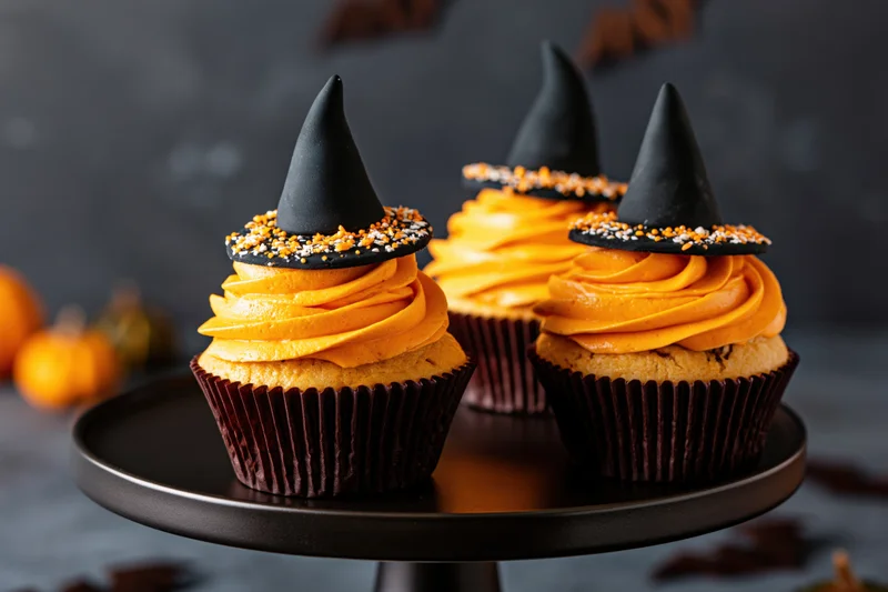 Three halloween cupcakes with witch hats and orange frosting on a black cake stand
