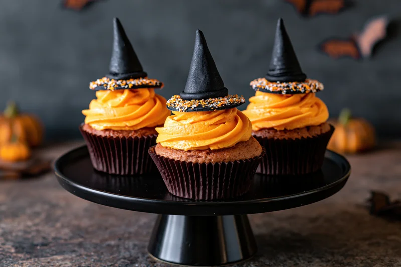Three halloween cupcakes with witch hats and orange frosting on a black cake stand