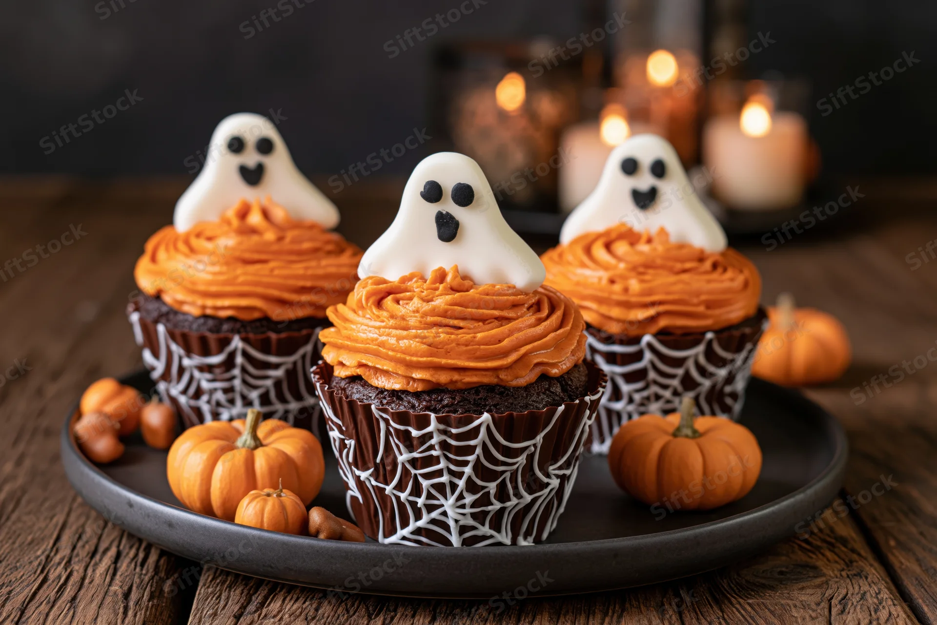 Three halloween cupcakes with white fondant ghost toppers and orange frosting on a black plate with small pumpkins and candles in the background