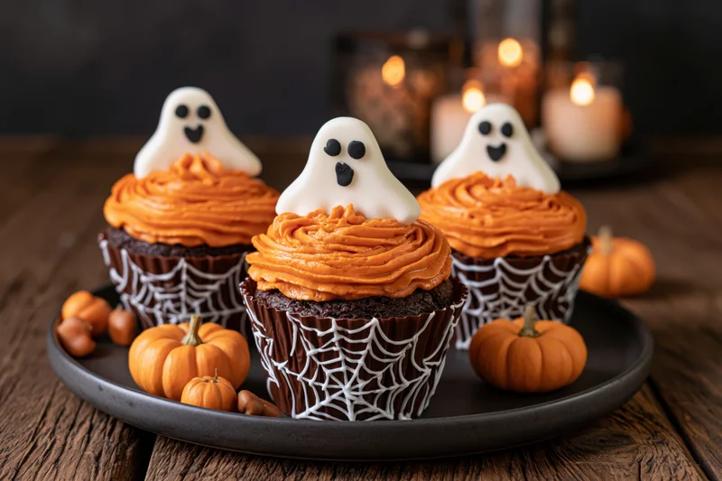 Three halloween cupcakes with white fondant ghost toppers and orange frosting on a black plate with small pumpkins and candles in the background