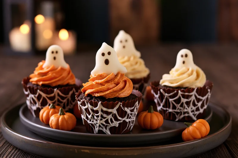 Halloween cupcakes with ghost toppers and pumpkin decorations on a dark plate