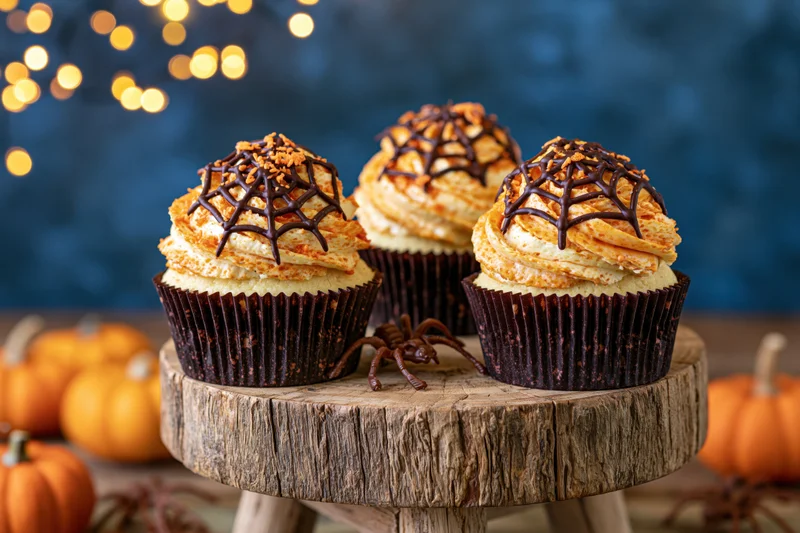 Three halloween cupcakes with chocolate spiderweb frosting on a wooden stand surrounded by pumpkins and decorative spiders
