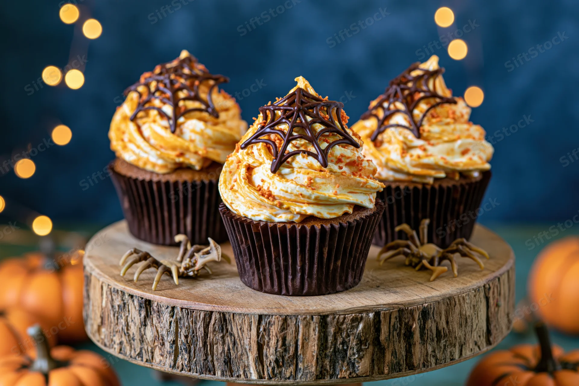 Three halloween cupcakes with orange and white frosting and chocolate spiderwebs on a wooden platter surrounded by pumpkins and decorative spiders